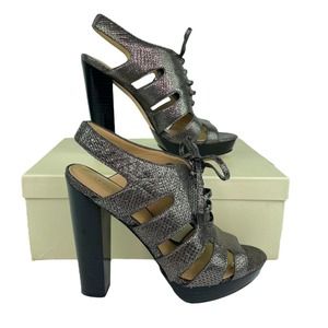 Coach Moreen Metallic Pewter Leather Sandal 8 M Lace Up Slingback High Heel